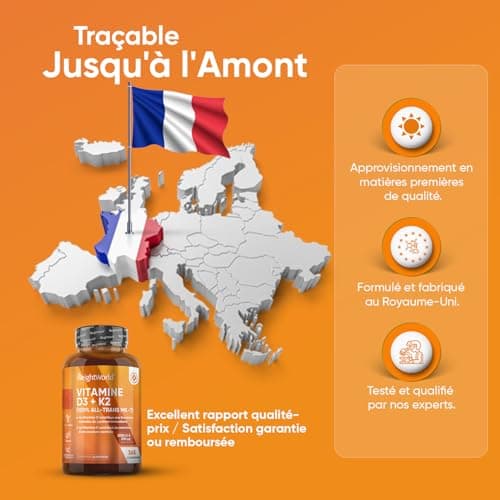 Vitamines D3 K2 (MK7) 100 % Pure 365 Comprimés - Combinaison Vitamine D3 2000 UI + Vitamine K2 200 μg - Pour les Os, Muscles, le Système Immunitaire, la Coagulation Sanguine Vitamine du Soleil EFSA