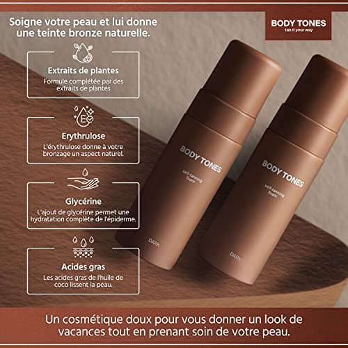 Body Tones mousse autobronzante, autobronzant pour peaux foncées hydratant et anti-âge, mousse autobronzante bronzage naturel sans exposition au soleil (155 + Gant, Peau foncée)