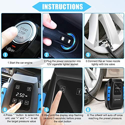 OneAmg Compresseur à Air Portatif 12V, Gonfleur Pneus Voiture 120W, Electrique Compresseur Air avec Affichage Digital et Lumière LED, 3M Câble pour Voiture Vélo (Bleu)