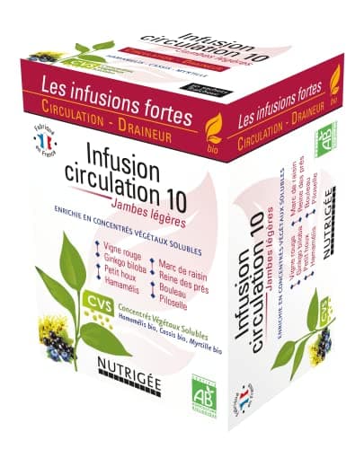 NUTRIGÉE - Infusion Circulation 10 Bio - Jambes Légères - Circulation & Draineur - Vigne Rouge, Ginkgo Biloba, Petit Houx, Hamamélis, Marc De Raisin, Reine Des Prés, Bouleau, Piloselle - 30 Sachets