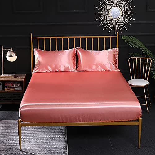 Ensemble 4 Pièces de Draps de Lit en Satin Couleur Unie 1 x Drap Housse 180x200 cm 2 Personnes avec Grand Bonnet de 35 cm, 1 x Drap Plat et 2 x Taie d'oreiller, Corail