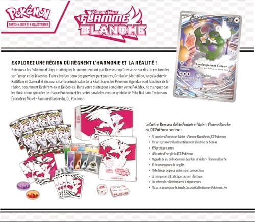 Pokémon: Coffret Dresseur d’élite Écarlate et Violet – Flamme Blanche – Reshiram (1 Carte Promo Entièrement Illustrée de Boréas, 9 Boosters et des Accessoires de Jeu Premium)