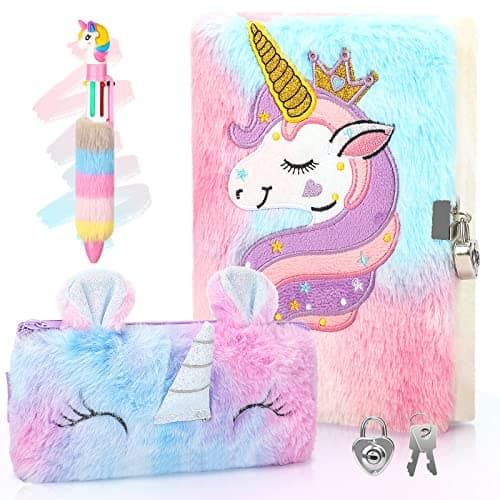 Anyfirst Licorne Journal Intime Fille en Peluche avec Clé et Cadenas, Set de A5 Carnet Secret Fille Comprend Trousses à Crayons, Journal Intime comme Cadeau Licorne Fille 5-12 Ans, Multicolore