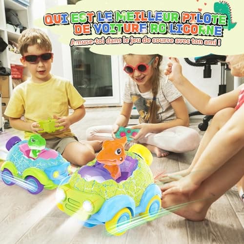 BuzzoXerex Voiture Télécommandée Enfant, Set de 2 Jouet Dinosaure Enfant, Dinosaure Voiture Telecommandé Enfant, Voiture Telecommandé Enfant avec Lumières et Musique, Cadeaux pour Enfants 2-6 Ans