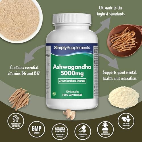 Ashwagandha 5000mg avec Vitamine B6 & B12 | 25mg de Withanolide | Réduit la fatigue | 120 Gélules = 2 Mois de Bienfaits | Adapté aux Végétariens & Végétaliens