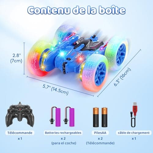 SGILE Voiture Télécommandée, Voiture Cascadeuse avec Bandes Lumineuses Latérales et Phares, 2.4Ghz, Rotations à 360°, Voiture RC Rechargeable Jouet pour Garçons Filles Cadeau d'anniversaire, Bleue