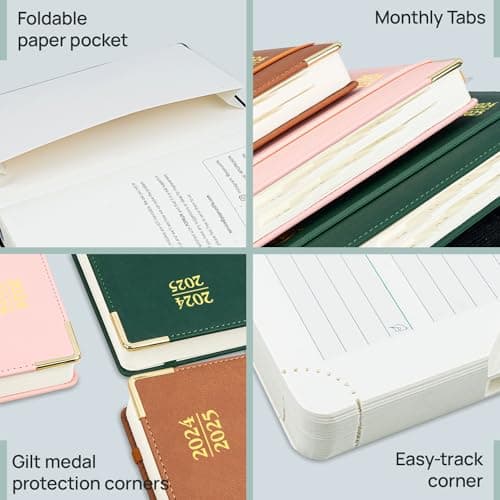 POPRUN Agenda 2025 Semainier 26,5 x 21,5 cm De Août 2024 à Déc 2025, Premium Planner Scolaire 17 Mois, Couvercle en cuir de coton PU, Papier Certifié FSC® 100 g/m2 - Forêt Vert