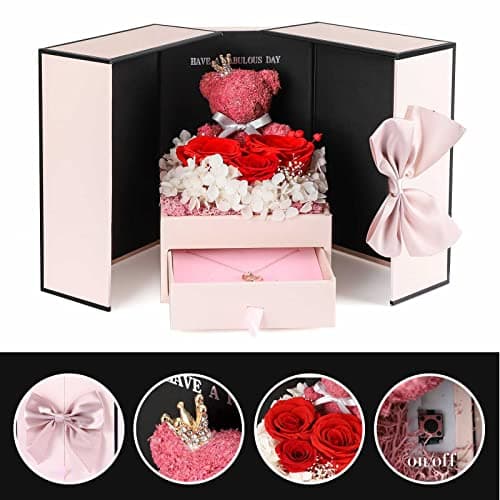 ADDWel Cadeau Fete des Meres Original, Rose Eternelle avec Bijoux avec Collier Je t'aime en 100 Langues, Fête des Mères, Rose Préservée Fleur Cadeau Maman/Mamie, Cadeau Anniversaire Maman