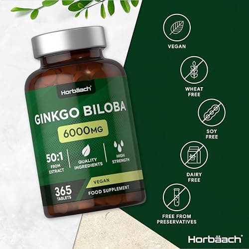 Ginkgo Biloba 6000mg | 365 Vegan Comprimes et non Gelules (1 An) | Extrait 50:1 de Gingko Biloba Forte | Facile à Avaler | Ginko Biloba | par Horbaach