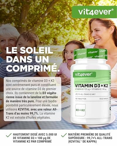 Vitamine D3 + K2 Depot - 180 comprimés - Matière première de première qualité : 99,7+% All-Trans (K2VITAL® de Kappa) - Avec 5000 U.I. de vitamine D3 par comprimé - Hautement dosé