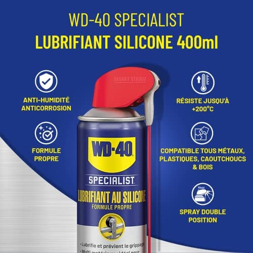 WD-40 Specialist • Lubrifiant Au Silicone • Spray Double Position • Formule Propre • Isolation contre l'humidité • Comptatible tous métaux, plastiques, caoutchoucs et bois • 400Ml