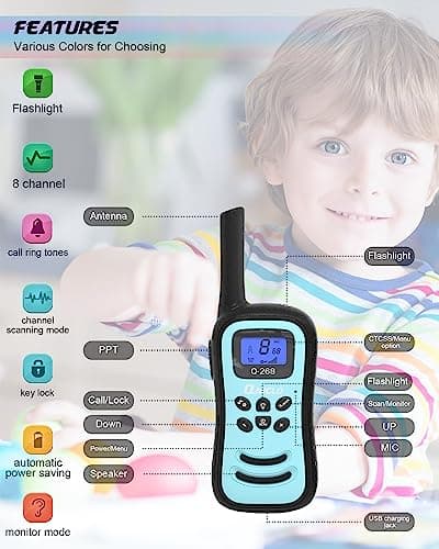 QNIGLO Talkie Walkie Enfants, 3 PCS Talkie Walkies Rechargeable Jouets Garçon Filles 3-12 Ans, Radio à 2 Voies avec 8 Canaux & Lampe de Poche, Cadeaux pour Aventures Extérieures, Camping, Randonnée
