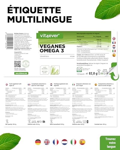 Omega 3 vegan - 120 gélules - Hautement dosé avec 1.500mg d'huile d'algues par dose journalière - Premium : matière première de marque life's®Omega - Faible en polluants - Hautement dosé