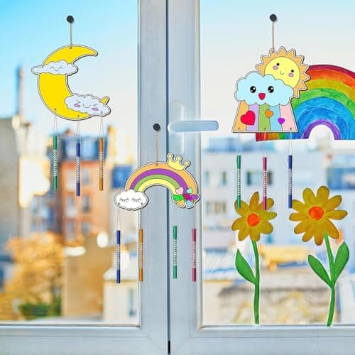 lriattp Bricolage Carillon à Vent, Bois à Peindre Décoration Suspendue DIY Activité Manuelle Anniversaire pour Enfants Loisirs Créatifs Cadeau Anniversaire Fête (Arc-en-ciel)