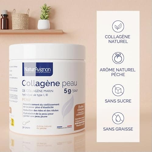 Laboratoire NaturAvignon Collagene marin hydrolysé type 1&3 | Beauté de la peau, rides, hydratation | Collagene et acide hyaluronique | collagene marin poudre 5g par portion | Fabriqué en France 210g