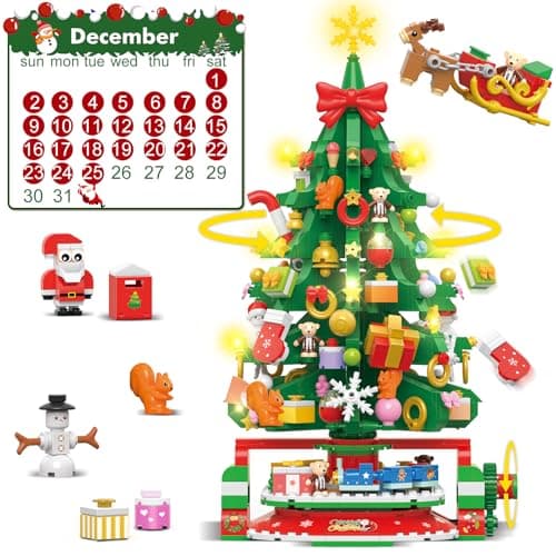 HOGOKIDS Calendrier de l'Avent 2024 Mini-arbre de Noël rotatif avec lumière LED, compte à rebours de Noël de 24 jours, blocs de construction, cadeau de Noël pour adultes et enfants de 8 ans et plus