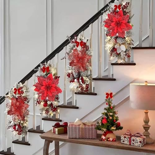 MHMondawn Lot de 18 fleurs de Noël à paillettes avec clips - 12 nœuds - Étoile de Noël - Fleurs - Décoration d'arbre de Noël (paillettes rouges)