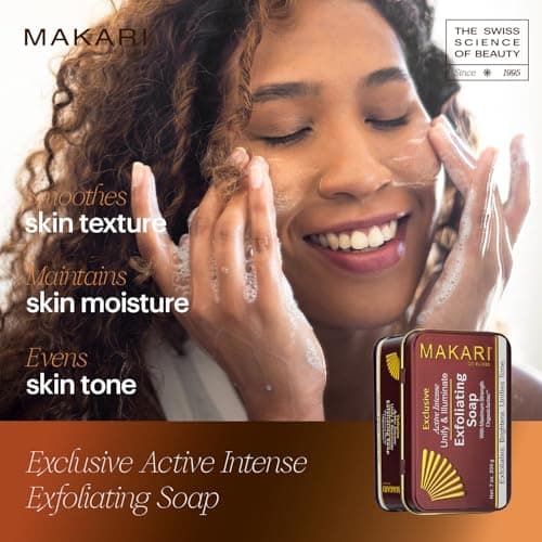 Makari Exclusive Savon Éclaircissant et Exfoliant (7 oz.) à base d’OrganiclarineTM – Soins éclaircissants anti-taches, cicatrices acnéiques, vergetures et hyperpigmentation.