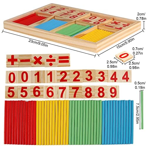 Victse Jouet Montessori Mathématiques, Blocs et Bâtons de Comptage en Bois, Jeu Numérique Bâtons Bois avec Blocs et Bâtons Comptage, Jouet éducatif Montessori 3 Ans et +