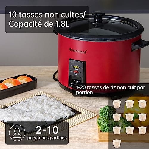 Eamoment ERC-10CRD 1.8L | 700W cuiseur à riz et insert vapeur noir chaud et cuire 1-10 personnes marmite à revêtement antiadhésif, cuillère à riz et tasse à mesurer, couvercle en verre