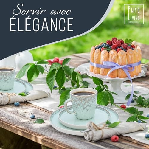 Ensemble 6 Bols Céréales Grès Ibiza - Muesli, Lave-vaisselle, Micro-ondes - Petits Bols Assiettes Creuses, Pure Living beige-bleu, Service de Table Élégant