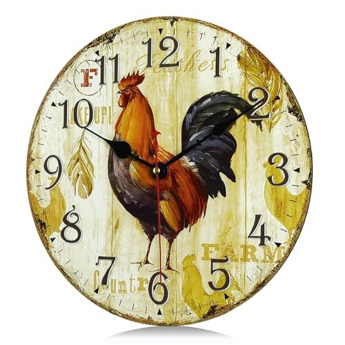 Lafocuse 30cm Horloge Murale Coq Vintage Bois, Silencieuse Pendule Murale Retro, Shabby Chic Rond Déco sans Tic-tac pour Salon Chambre Cuisine Bureau