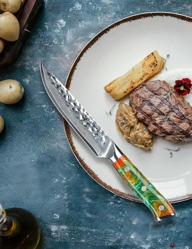SANMUZUO Ensemble de couteaux à steak de 4 pièces, couteau à steak de cuisine ultra-tranchant non dentelé de 13 cm - Acier de Damas et manche en résine - Série Yao
