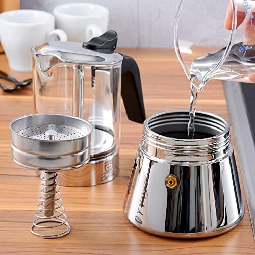 GRÄWE Cafetière à expresso en acier inoxydable avec verseuse en verre, compatible induction et tous types de feux, passe au lave-vaisselle, 4 tasses, 160 ml