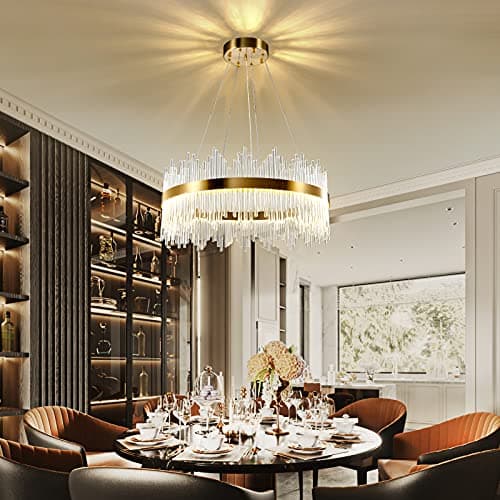 Chandelier en cristal d’or moderne pendentif Light, Dimmable lampe ronde en cristal de luxe, pour le salon, la salle à manger, la chambre, le Restaurant, Ø60 cm