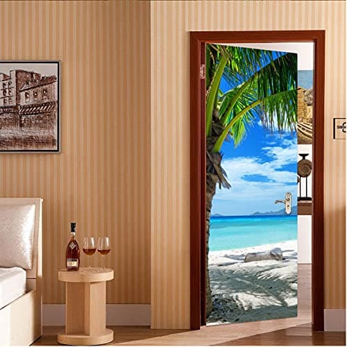 A.Monamour Sticker Porte Autocollant Poster De Porte 3D Cocotier Tropical Plage De Sable Bleu Mer Nature Paysage Vinyle Affiche De Porte Sticker Mural Papier Peint Art Décor 77 x 200 cm