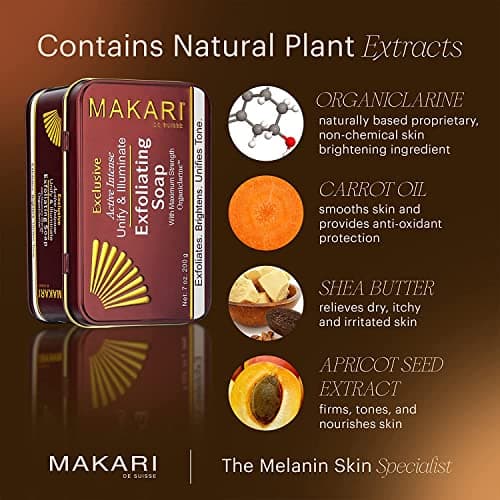 Makari Exclusive Savon Éclaircissant et Exfoliant (7 oz.) à base d’OrganiclarineTM – Soins éclaircissants anti-taches, cicatrices acnéiques, vergetures et hyperpigmentation.