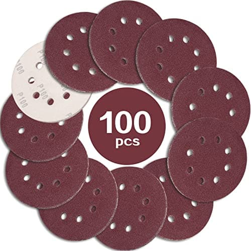 STEBRUAM 100PCS Disque de Ponçage 125mm Grain 100, Disques a Poncer Papier Abrasifs 8 Trous Idéal pour Poncer/Polir pour Ponceuse Excentrique