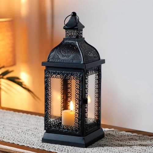 TRIROCKS Lanterne à bougie en métal de style rustique de 33 cm de haut avec verre trempé pour Noël, salon, jardin, terrasse, fêtes, intérieur et extérieur (noir)