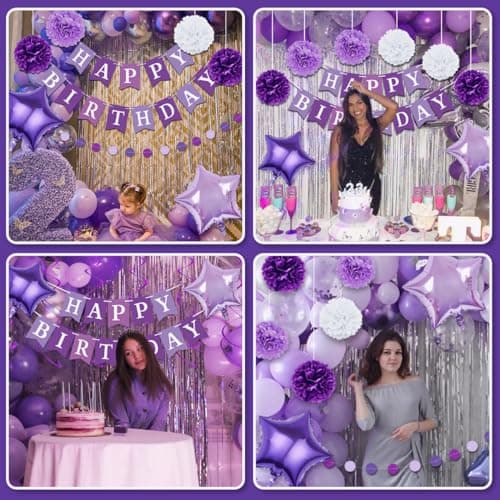 Décorations d'anniversaire violettes pour femmes et filles, bannière d'anniversaire violette, ballons à pompon, décorations d'anniversaire avec guirlande, kit de ballons violets pour la fête