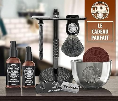 Viking Revolution - Kit Rasage Homme Complet de Luxe - Comprend un Rasoir de Sécurité, un Support, un Bol, un Baume Après-Rasage, une Huile Avant-Rasage & un Blaireau - Cadeau Homme