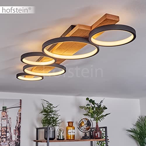 Plafonnier LED Rodekro, plafonnier à intensité variable en métal/bois en noir/nature/blanc, luminaire à intensité variable avec poutre en bois, LED 44 watts, 3000 K, 5100 lumens