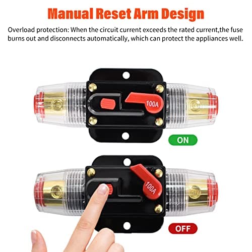 Fusible de Réinitialisation de Disjoncteur en Ligne100A, Porte Fusible 12V-24V DC vec Réinitialisation Manuelle pour Système d'amplificateur de Son Audio de Voiture, Bateau, Camion
