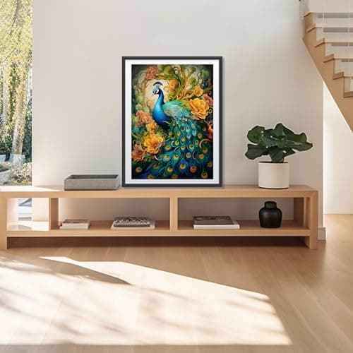MEIYUDA 5D Diamond Painting Adulte, DIY Broderie Paon Diamant Painting Kit Complet Fleur, Peinture Diamant Artisanat Strass Point de Croix Painting pour Adultes 30x40cm