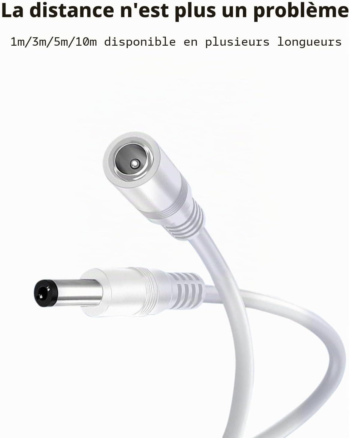 Lonnky Câble D'Extension 12V 10 Mètre/32.8 FT avec 5.5 mm x 2.1 mm, Compatible avec La Bande LED 12V (KSIPZE, Grovee), Caméra De Surveillance (TP-Link TAPO, Reolink), Alimentation 12V - Blanc