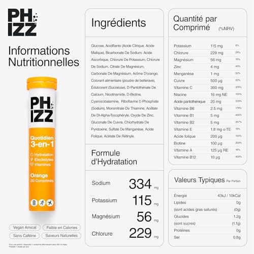 Electrolytes Phizz, Multivitamines & Comprimés d'hydratation - 20 comprimés de réhydratation effervescents - 18 vitamines et minéraux, vitamine C et hypocalorique (60 Comprimés, Orange)