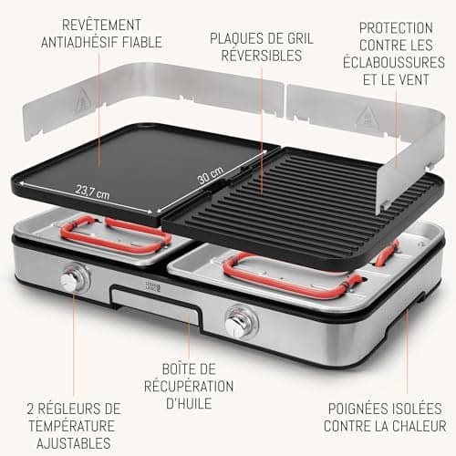 LEBENLANG 2400W Plancha électrique - Avec pince à barbecue & Protection contre les éclaboussures I Pour intérieur & exterieur I Plancha grill electrique Inox Plancha electrique Grills électriques XXL
