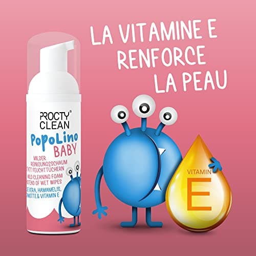 ProctyClean PopoLino Baby Mousse nettoyante douce au lieu de lingettes humides. Rend les fesses et l'environnement heureux avec aloe vera, hamamelis, begamotte et vitamine E