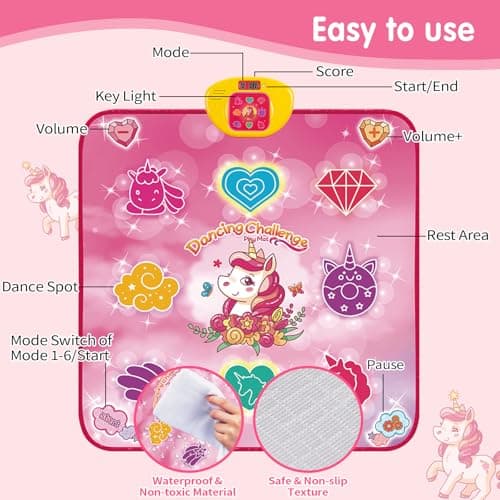 Tapis de Danse pour Enfants - Cadeau pour Fille - Tapis Musical avec 6 Modes de Jeu, Modes de défi, 9 lumières LED, Tapis de Jeu Licorne pour Enfants - Jouet d'anniversaire à partir de 3 Ans - Fille