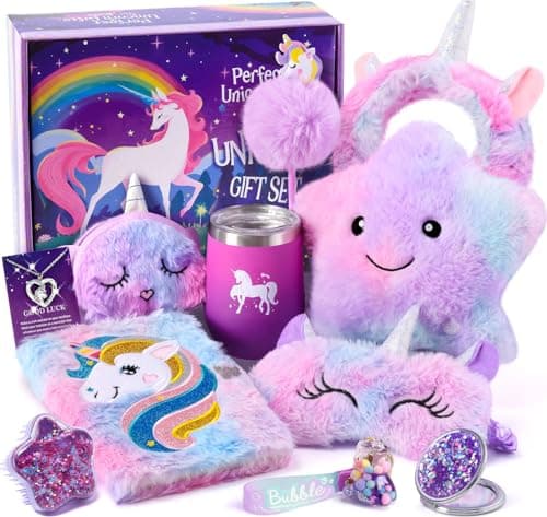 Licorne Cadeau Fille 4 5 6 7 8-10 Ans Peluche Journal Intime Carnet LED Étoile Coussin Masques de Sommeil Porte Clé Licorne Bandeau Maquillage Peigne Miroir Licorne Jouet Anniversaire Fille Cadeau