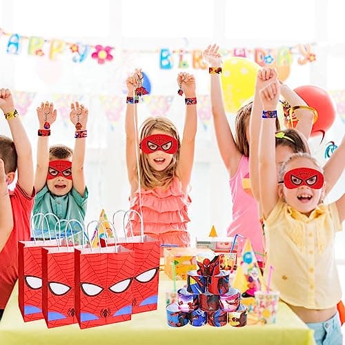 48 Pièce Spiderman Party Cadeaux, Sac Cadeau Anniversaire Enfant Spiderman, 12 Porte-clés Spiderman, 12 Sacs Cadeaux Spiderman, 12 Masques en Feutre Spiderman, 12 Slap Bracelets à Claquer Spiderman