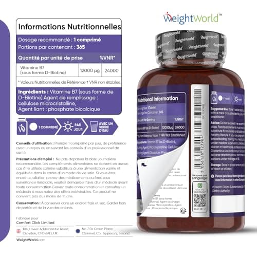 Biotine Cheveux 12 000 mcg Pure - 365 Comprimés Vegan - Cheveux, Barbe & Peau - Vitamine B7/B8 - Dosage Élevé, Sans Stéarate de Magnésium et Sans Excipient - Beauté Intérieure et Extérieure