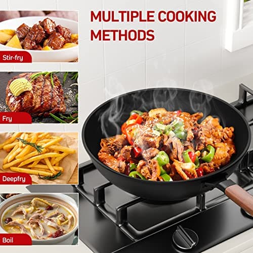 Jobin 33 cm/5,6L Wok en Acier au Carbone Avec Couvercle - Sans Revêtement Chimique - Cuisiner des Plats Asiatiques pour 4-6 Personnes - Convient à Induction/Electrique/Gas