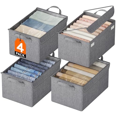 Lifewit Lot de 4 Boite Rangement en Oxford avec Couvercle Transparent, Rangement Dressing Armoire, Panier Rangement Pliable, Organisateur Placard, Vetement, Couverture, Livre, Jouet, Gris Clair, Petit