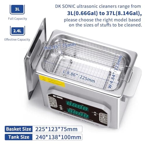 DK SONIC professionnel Nettoyeur à ultrasons Nettoyeur sonique 3L avec chauffage et panier pour prothèse dentaire, petites pièces métalliques, disque, circuit imprimé, outils de laboratoire, etc.