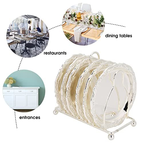 Tomotato 6 Pièces Dessous de Verre, 10cm sous-Verre Ronde en Métal Rétro de Style Européen avec Support, Tapis de Tasse Antidérapants pour Mariage, Dîners, Restaurant, Hôtel(Argent)